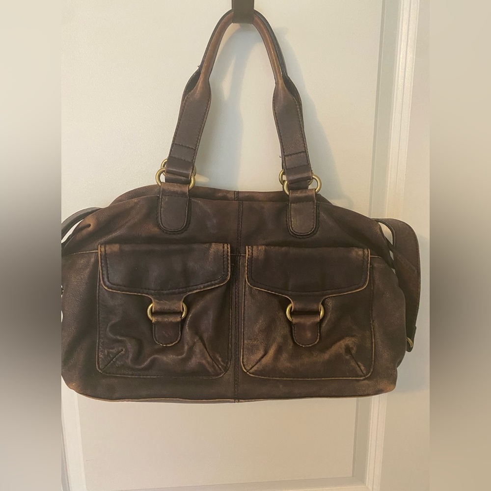 Halogen satchel purse worn in leather blue grey